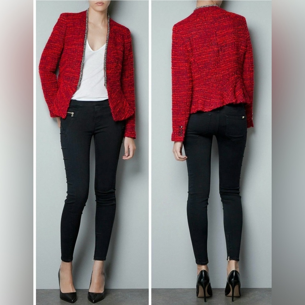 ZARA COMPLETELY SOLD OUT BLAZER - FANTASY BOUCLE RED METAL DETAIL BLAZER SIZE M